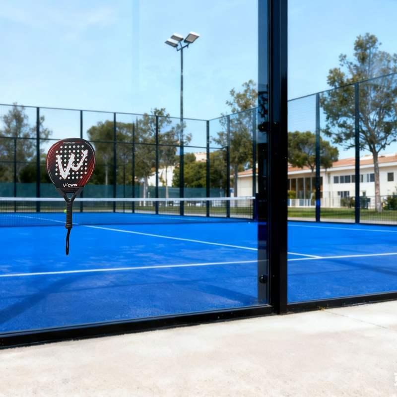 Soporte de pala fijado al cristal de una pista de pádel